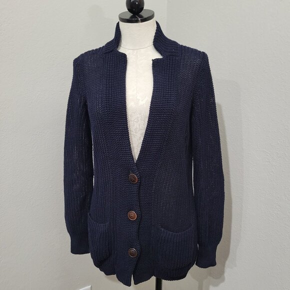 VINCE 100% Linen Cardigan sweater navy blue open knit size small - Picture 1 of 7